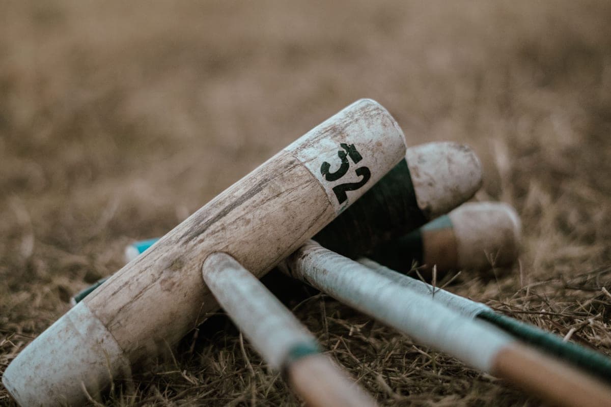 Wooden kubb blocks standing on a grass pitch